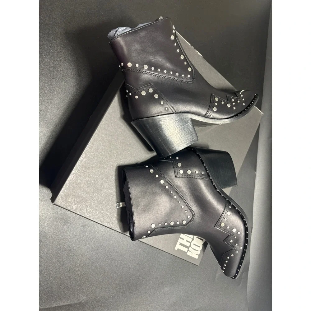 The Kooples Women's Santiag Leather Studded Ankle Booties Black/Silver FR 37/US6